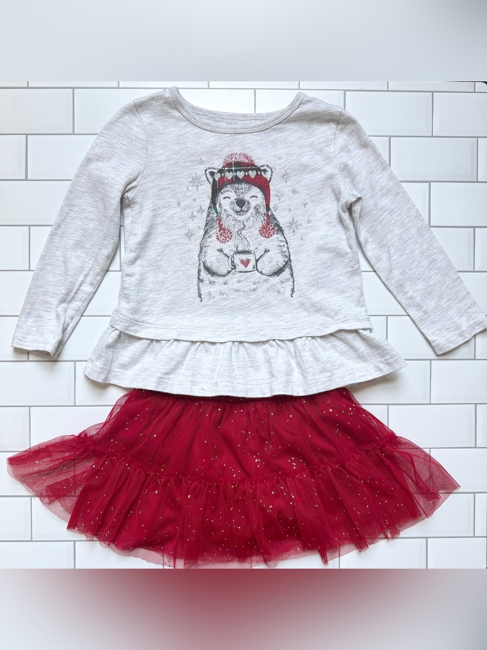 24M🐻‍❄️ Carter’s Ruffle Peplum Long Sleeve Top & Matching Sparkle Red Tutu Skirt